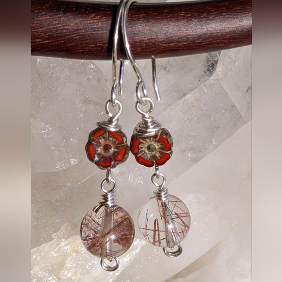 Artisan Sterling Silver Earrings Vibrant Red Flowers And Rutile Quartz Gems - Picture 10 of 14